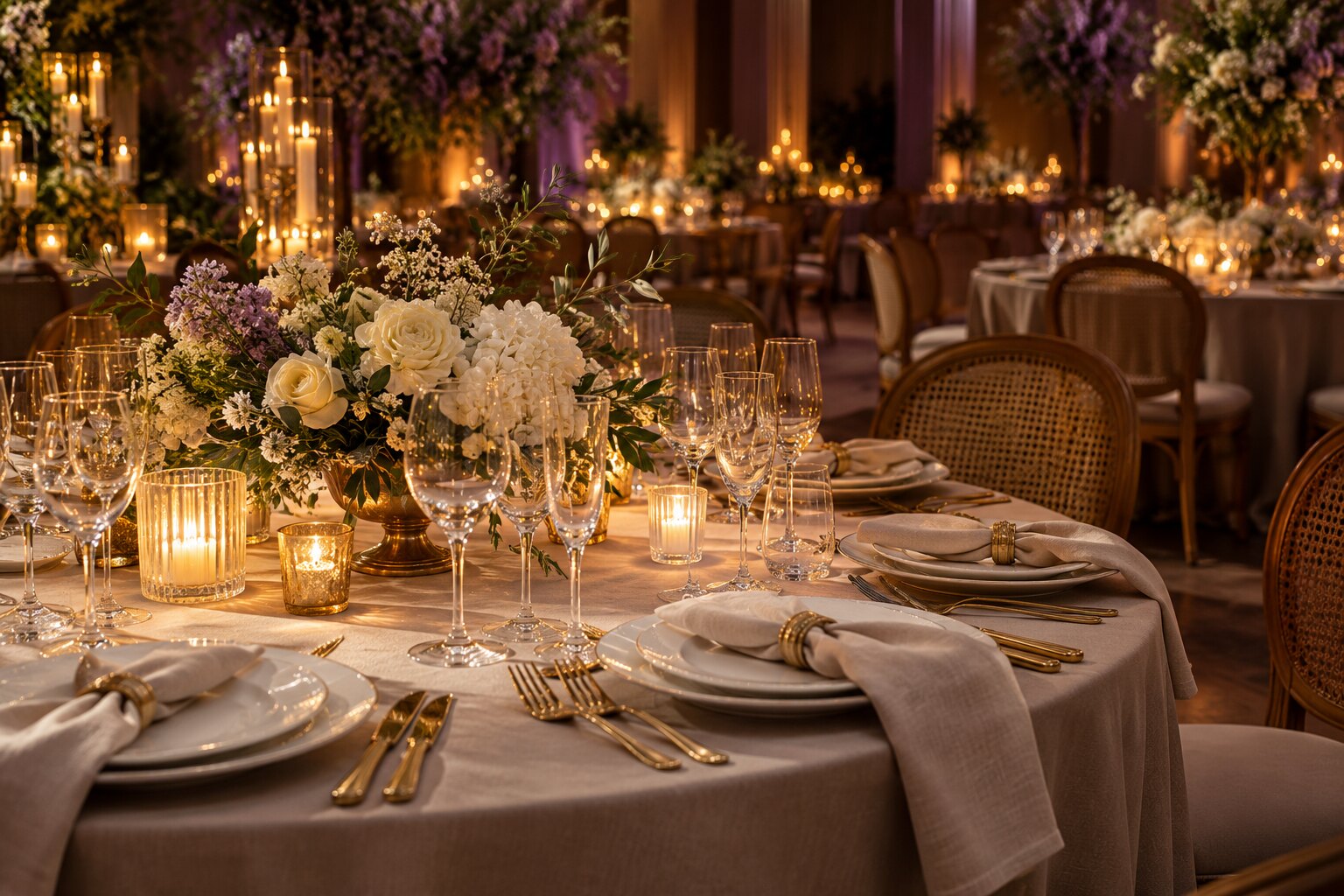 Mesa de evento com pratos, taças, talheres e arranjo floral, preparada para receber convidados